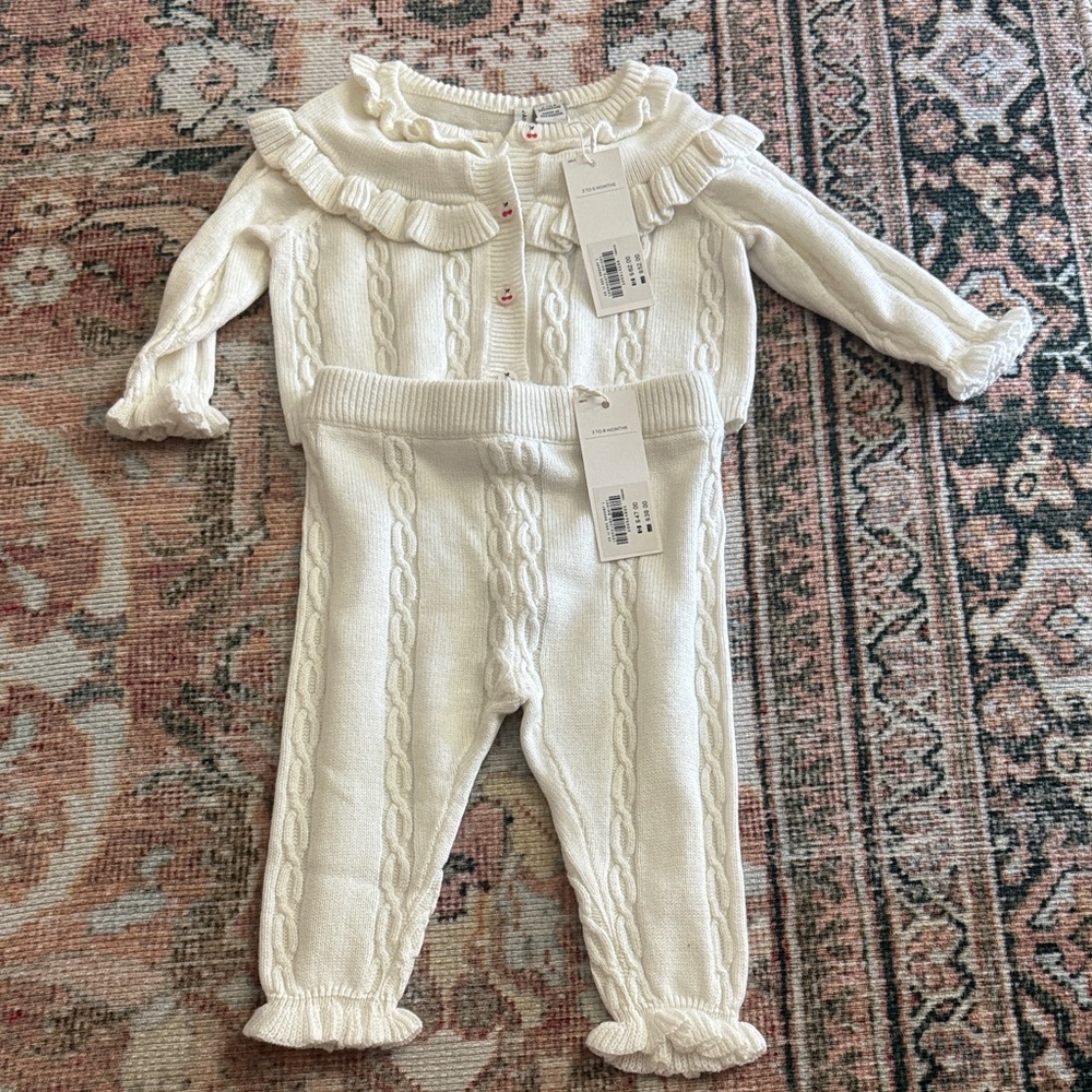 NWT! Janie and Jack Cream Cable-Knit Ruffle Collar Cherry Buttons Baby Set